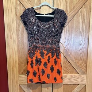 Club Monaco Black and Orange Paisley Mini Dress